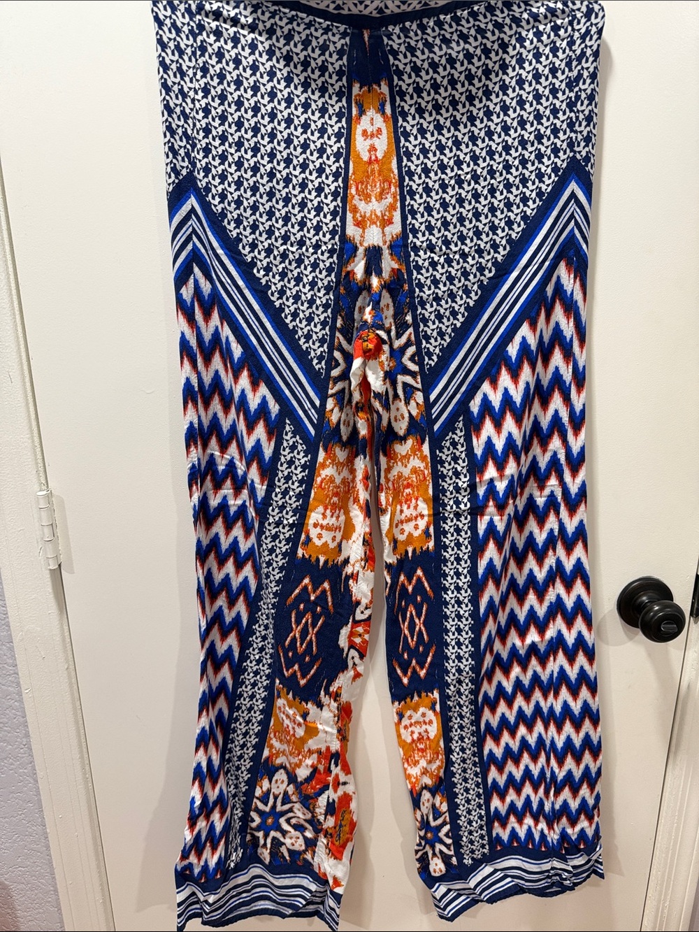 Printed Wide-Leg Pants in Navy, White & Orange